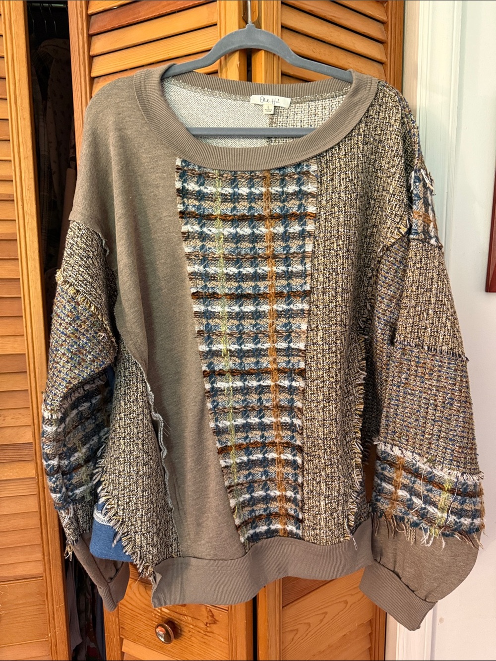 Oli & Hali Taupe and Blue Soft Knit Patchwork Pullover